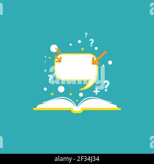 Open book with question marks, plus sign, arrows and speech bubble on powder blue background. Flat vector reading icon. Quotation book pictogram. Educ Stock Vector
