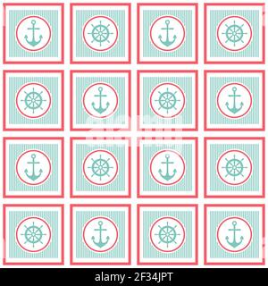 Nautical seamless pattern with helms and anchors on white. Ship and boat steering wheel ornament. Marine background with rudder. Summer vector flat il Stock Vector