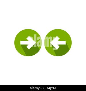 Set of arrows. white left and right arrows with shadows in green circle icons. Isolated on white. Continue icon. Back and next signs. East and West ar Stock Vector