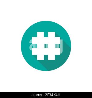 blue hash sign in circle with shadow. flat button isolated on white. Number, hashtag, or pound sign. Social media, mark message, social networks, shor Stock Vector