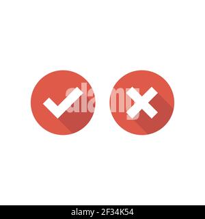 Set of check mark icons. Squared white tick and cross with shadow in red circle. Flat cartoon style buttons. Vector validation illustration. Stock Vector