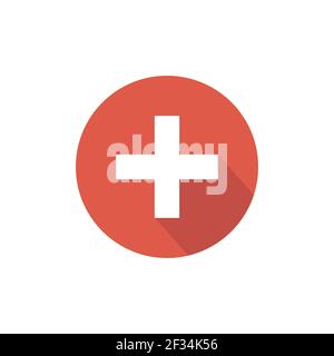 white cross with shadow in red circle. Flat vector icon isolated on white. Add or plus purchase pictogram. Good for web and mobile design. Stock Vector