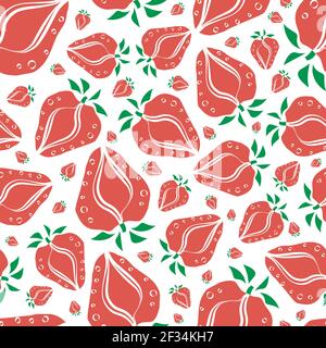Strawberry linocut seamless vector pattern background. Stencil style hand drawn red berries with green leaves on white backdrop. Botanical design Stock Vector