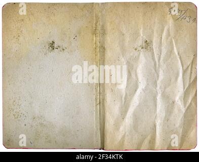 Open diary or notebook isolated on white - vintage blank paper sheets with grungy texture Stock Photo