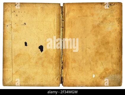 Open book isolated on white - vintage yellowed blank papers with grungy surface Stock Photo