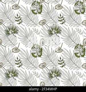 Jungle vector seamless pattern. Tropical leaves in shades of green. One line style art. Trendy summer print. Exotic seamless ornament for background, wrapping paper, fabric, textile, wallpaper. Vector illustration Stock Vector