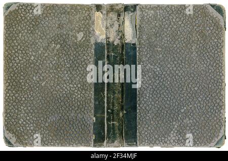 Old open book - tattered gray cover with leather spine - circa 1932 - isolated on white - interesting details! Stock Photo