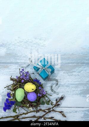A nest with Easter eggs. Blue gift box on a gray background. Easter eggs in the nest and a gift. Stock Photo