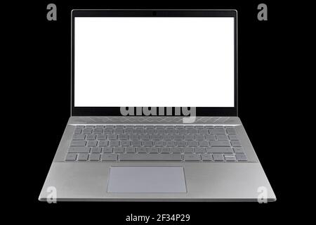 Laptop computer PC with blank screen mock up isolated on black background. Laptop isolated screen with clipping path. PC computer white screen with co Stock Photo
