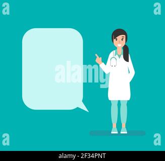 Woman doctor with big speech bubble on blue background. Medical internet consultation. Healthcare consulting web service. Hospital support online. Com Stock Vector