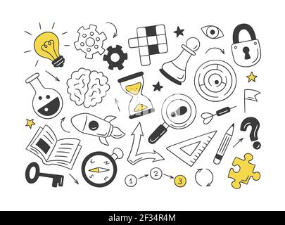 Puzzle and riddles. Set of isolated hand drawn objects. Crossword puzzle, Maze, Brain, Chess piece, Light bulb. Stock Vector