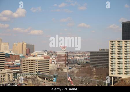 KANSAS CITY, UNITED STATES - Mar 06, 2021: Overlooking the Western Auto Lofts, T-Mobile Center from the Liberty Memorial in Kansas City Missouri. Stock Photo