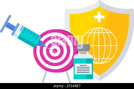 Syringe with dose of vaccine hits the center of the target. Stock Vector