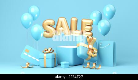 Sale banner on blue background. Sale word, balloons, credit card, shopping bag, gift boxes, golden ribbon elements laying around. 3d rendering Stock Photo