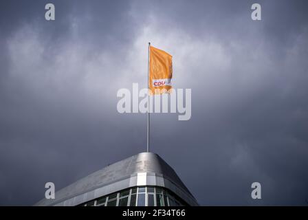 Berlin, Germany. 15th Mar, 2021. The CDU flag flies on the Konrad Adenauer House. After the state elections in Baden-Wuerttemberg and Rhineland-Palatinate, the Union discusses the consequences. Credit: Michael Kappeler/dpa/Alamy Live News Stock Photo