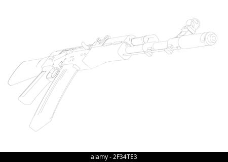 Kalashnikov assault rifle contour from black lines isolated on white background. Vector illustration. Stock Vector