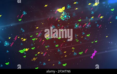 Science and education symbols and icons 3d illustration. Abstract concept digital background with physics, chemistry, biology, astronomy and atom sign Stock Photo