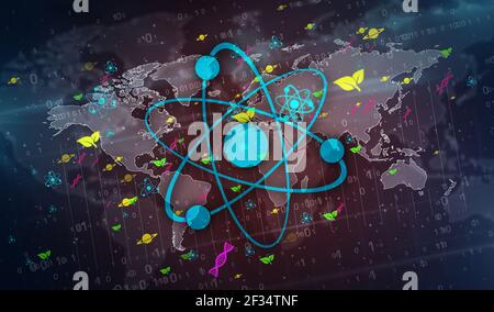 Science and education symbols and icons on digital globe 3d illustration. Abstract concept background with physics, chemistry, biology, astronomy and Stock Photo