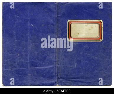 Vintage exercise book or notebook - open cover with blank label and grungy surface - perfect in detail! Stock Photo