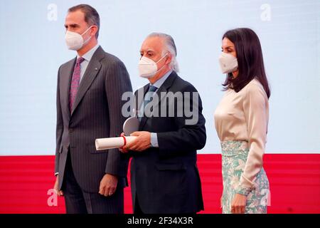 Madrid, Spain. 15th Mar, 2021. Spanish King Felipe VI and Queen Letizia Ortiz at the hand out ceremony of the accreditations to the 9 promotion of honorary ambassadors of the Spain Mark in Madrid on Monday 15March 2021. Credit: CORDON PRESS/Alamy Live News Stock Photo