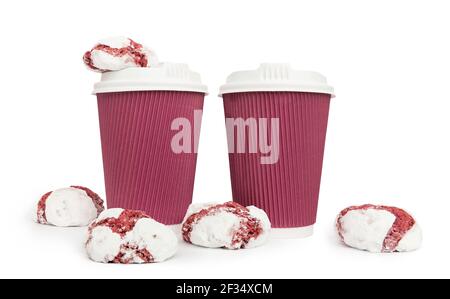 Two paper cups of coffee and delicious cookies of ping color on white background Stock Photo