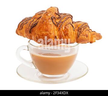 Cup of milk coffee and chocolate croissant isolated on white background with clipping path Stock Photo