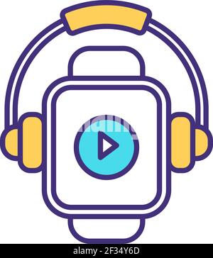 Listening music on smartwatch RGB color icon Stock Vector