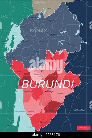 Burundi country detailed editable map with regions cities and towns, roads and railways, geographic sites. Vector EPS-10 file Stock Vector