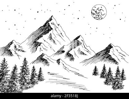 Mountain night graphic black white landscape sketch illustration vector Stock Vector