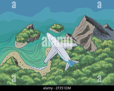 Airplane flying over the sea coast graphic travel color landscape aerial view from above sketch illustration vector Stock Vector