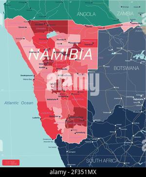 Namibia country detailed editable map with regions cities and towns, roads and railways, geographic sites. Vector EPS-10 file Stock Vector