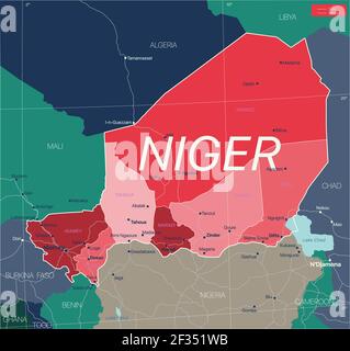 Niger country detailed editable map with regions cities and towns, roads and railways, geographic sites. Vector EPS-10 file Stock Vector