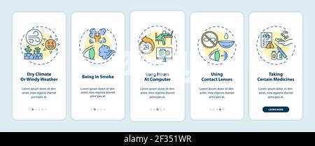 Dry eye causes onboarding mobile app page screen with concepts Stock Vector