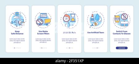Digital eyestrain prevention tips onboarding app page screen with concepts Stock Vector