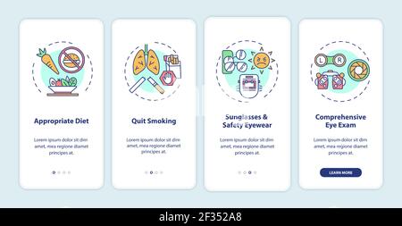 Eye health tips onboarding mobile app page screen with concepts Stock Vector