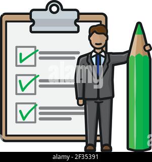Businessman with large green pencil and filled checklist vector illustration for Chcklist Day on October 30. Success symbol. Stock Vector