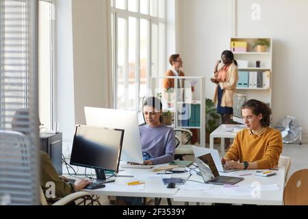 Portrait of young IT programmers using computers while working on software development in office interior, copy space Stock Photo