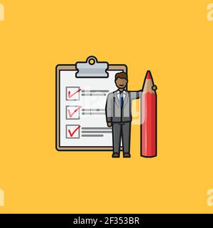 Businessman with large red pencil and filled checklist vector illustration for Chcklist Day on October 30. Success symbol. Stock Vector