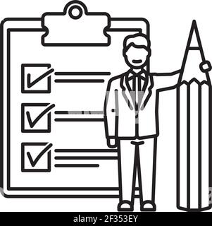 Businessman with large pencil and completed checklist vector line icon for Chcklist Day on October 30. Success symbol. Stock Vector