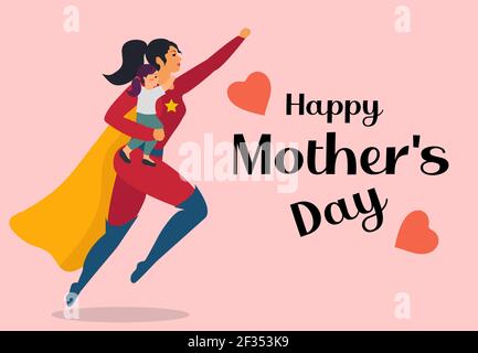 Super mom with her daughter. Superhero woman with her child. Happy mothers day concept. Vector illustration Stock Vector