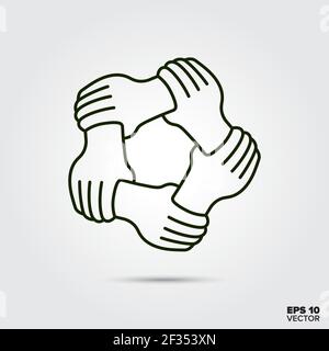 Teamwrk concept. Five hands holding each others wrists vector line icon. Stock Vector