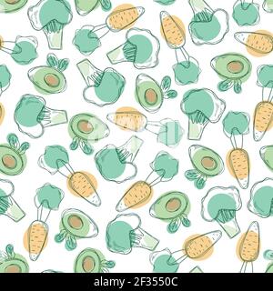 Vector seamless pattern with cute vegetables on white background, avocado, broccoli and carrot with colored spots. Stock Vector