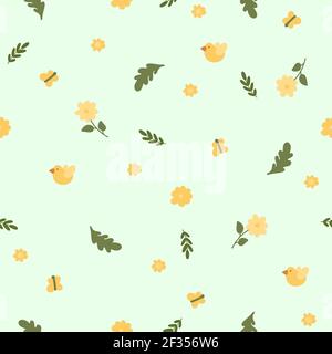 Cute lovely spring seamless vector  pattren. Green hand drawn leaves, yellow flowes, butterfly and bird. Summer simple doodle floral print for fabric Stock Vector