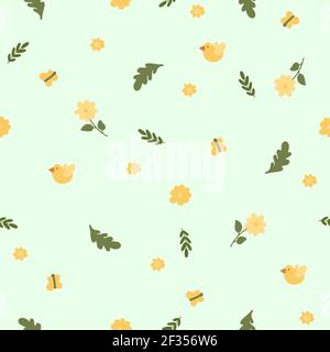 Cute lovely spring seamless vector  pattren. Green hand drawn leaves, yellow flowes, butterfly and bird. Summer simple doodle floral print for fabric Stock Vector
