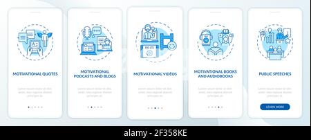 Motivational content sources onboarding mobile app page screen with concepts Stock Vector