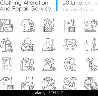 Clothing alteration and repair services linear icons set Stock Vector