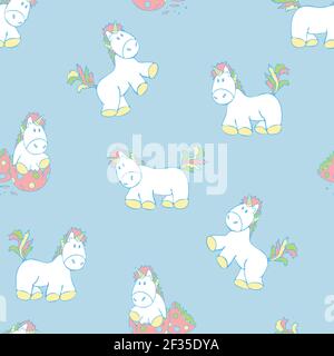 Seamless vector pattern with unicorns on light blue background. Cartoon pony with rainbow manes and tails. Fantasy wallpaper design for children. Stock Vector