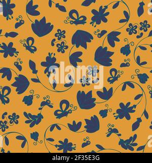 Seamless vector pattern with blue flowers and bugs on mustard yellow background. Vintage floral wallpaper design. Stock Vector