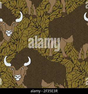 Seamless vector pattern with buffaloes on textured green background. Animal wallpaper design with bison's. Stock Vector