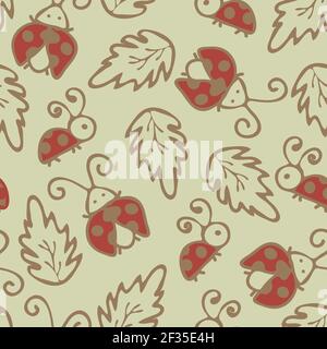 Seamless vector pattern with ladybugs on light grey background. Simple wallpaper design with ladybirds and eaves. Animal fashion textile. Stock Vector
